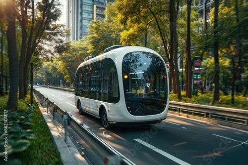 Photo of Autonomous driver less public vehicles,white driver less minibuses run on city streets to pick up passengers, autopilot,Generative AI