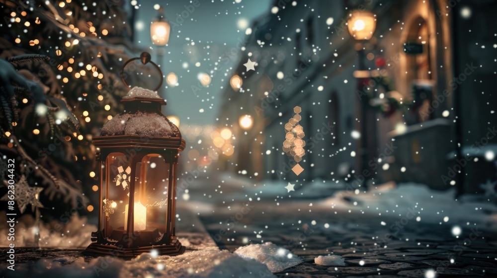 A lantern is lit up in the snow, creating a warm and cozy atmosphere. Generate AI image A lantern is lit up in the snow, creating a warm and cozy atmosphere. Generate AI image