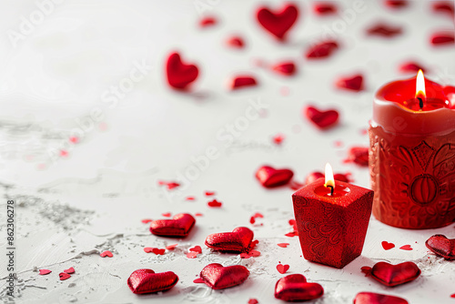 Saint Valentine’s Day theme with red love hearts, a romantic gift box, and a candle on a white background. Romantic message template with copy space photo