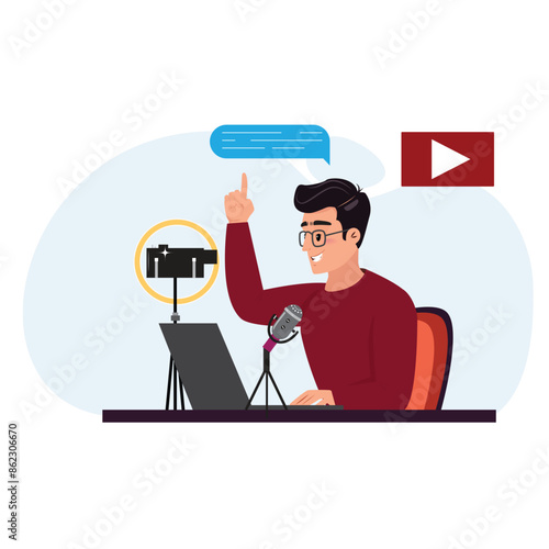 Man with glasses is seated at a desk, actively streaming or recording content