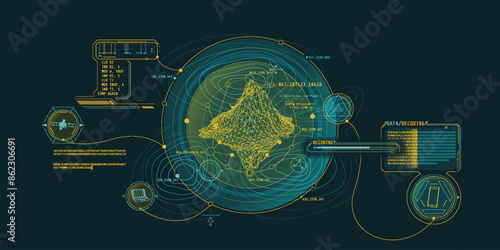 Futuristic geoscience HUD interface design with data decoding.