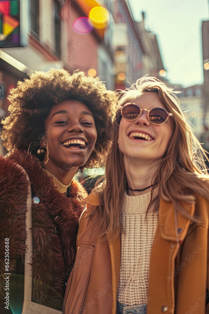 Multiracial young women having fun walking on a city street. Happy girlfriends hanging out on a sunny day Multiracial young women having fun walking on a city street. Happy girlfriends hanging out on a sunny day
