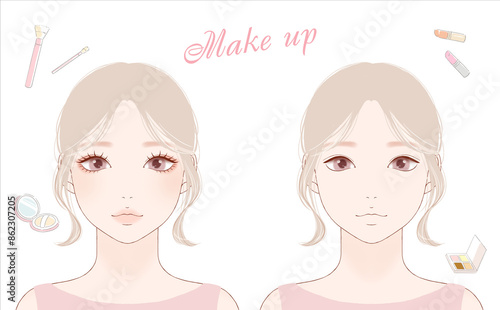 メイクをしている女性のBeforeとAfterのイラスト