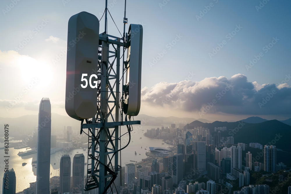 Telecommunication tower with 5G network antenna against a city skyline, representing global connectivity and high-speed internet with Telecommunication tower with 5G network antenna against a city skyline, representing global connectivity and high-speed internet with