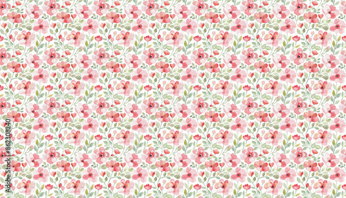 Watercolor floral pattern, light pink and red flowers on white background, flowers and leaves shapes are bold and cute