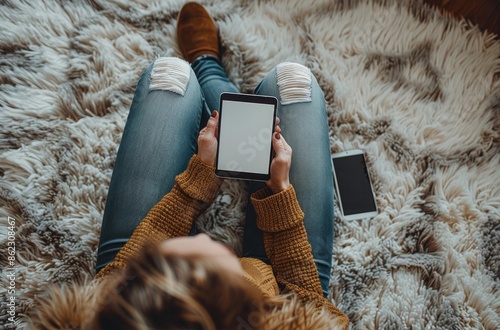 Woman Using Tablet on Fuzzy Rug While Sitting on Floor