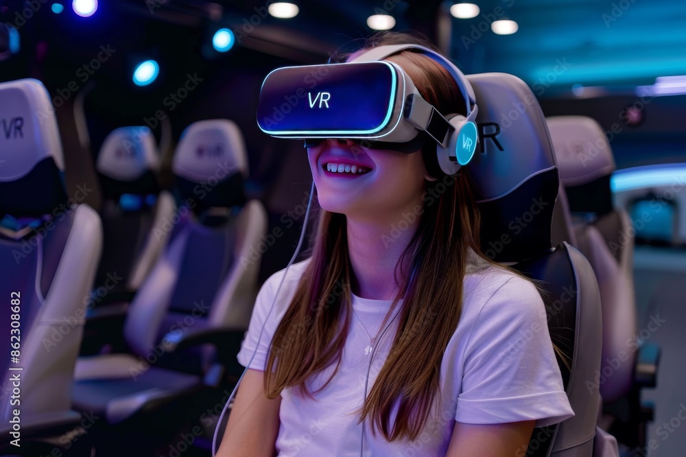 Young woman smiling and enjoying a VR ride in a state of the art virtual reality arcade with vibrant lights and high tech equipment Young woman smiling and enjoying a VR ride in a state of the art virtual reality arcade with vibrant lights and high tech equipment