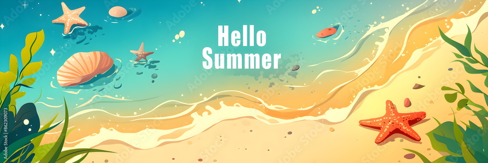 Hello summer text on a summer landscape background with ocean, tropical cocktail, beach and beautiful sky. Calligraphic inscriptions. Travel and vacation concept. Retro style postcard or banner Hello summer text on a summer landscape background with ocean, tropical cocktail, beach and beautiful sky. Calligraphic inscriptions. Travel and vacation concept. Retro style postcard or banner