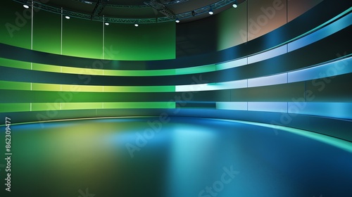 background studio television modern green screen, a photo of a bright television studio, colour palette of , , curved, low angle, background for green screen, modern, green and blue, 16:9
