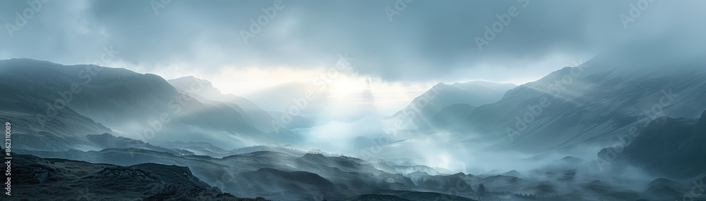 A breathtaking panoramic view of a foggy mountain valley with dramatic sun rays piercing through the clouds, creating a mystical atmosphere. A breathtaking panoramic view of a foggy mountain valley with dramatic sun rays piercing through the clouds, creating a mystical atmosphere.