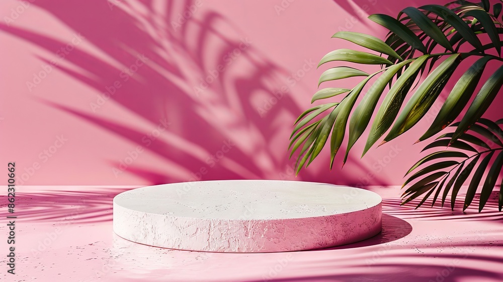 Obraz premium A white round table with palm leaves on a pink background.