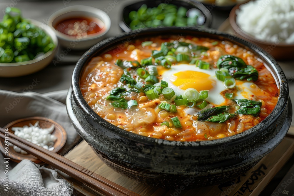 Korean food Kimchi, kimchi jjigae in a ceramic bowl
Korean food Kimchi, kimchi jjigae in a ceramic bowl
