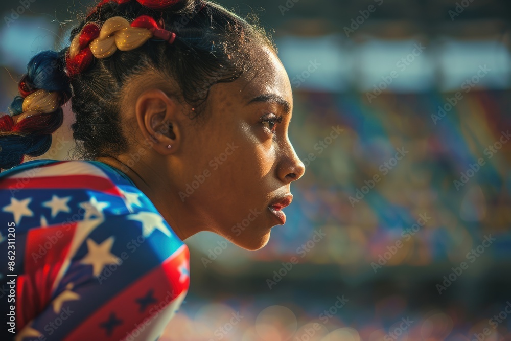 female athlete from USA bursts into action from the starting blocks, her athletic gear adorned with the nation's flag pattern, against the energetic atmosphere of a sports stadium. female athlete from USA bursts into action from the starting blocks, her athletic gear adorned with the nation's flag pattern, against the energetic atmosphere of a sports stadium.