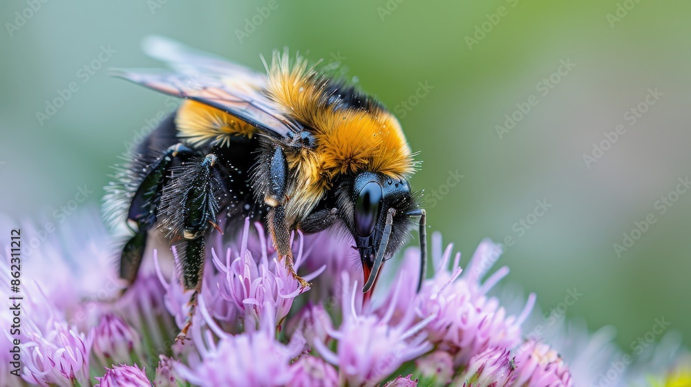 Detailed macro shot of a bumblebee collecting nectar from a purple flower, showcasing the beauty of nature and pollination. Detailed macro shot of a bumblebee collecting nectar from a purple flower, showcasing the beauty of nature and pollination.