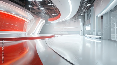 background studio television modern green screen, a photo of a bright television studio, colour palette of , red and white, curved, low angle, background for green screen, modern, 16:9, red and white