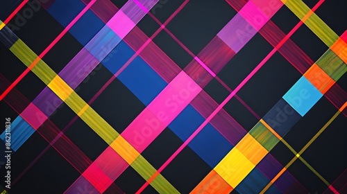 Vibrant Neon Geometric Plaid Pattern on Dark Background