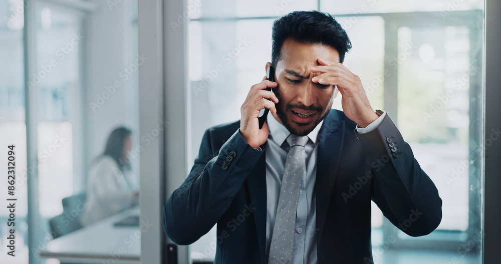 Business man, headache and phone call with stress, confused or worry for mistake, fail or bad news at law firm. Lawyer, attorney or corporate worker with anxiety or sad for loss, disaster or crisis Business man, headache and phone call with stress, confused or worry for mistake, fail or bad news at law firm. Lawyer, attorney or corporate worker with anxiety or sad for loss, disaster or crisis
