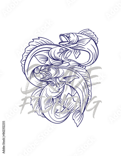 handrawn fishing logo illustration, grunge with text brave and fishing