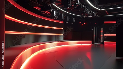 background studio television modern green screen, a photo of a bright television studio, colour palette of , red and white, curved, low angle, background for green screen, modern, red, Black, 16:9