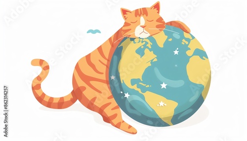 Cat with globe flat design top view theme unity cartoon drawing colored pastel photo