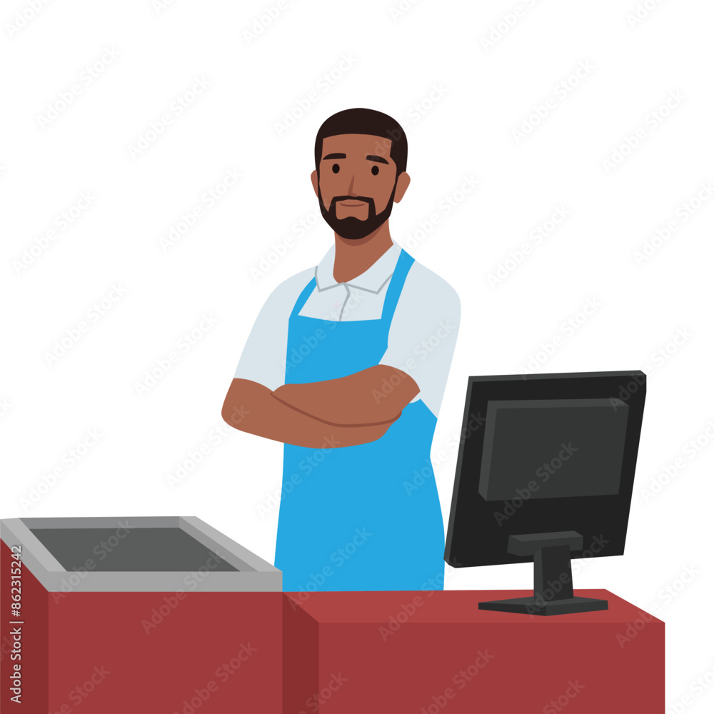 Supermarket store counter desk and cashier clerk in uniform folded his hands. Flat vector illustration isolated on white background Supermarket store counter desk and cashier clerk in uniform folded his hands. Flat vector illustration isolated on white background