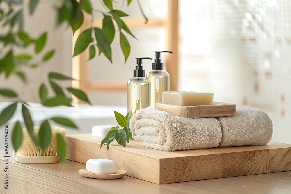 Round wooden podium in a bathroom with a blurred background. Perfect for showcasing spa items. Round wooden podium in a bathroom with a blurred background. Perfect for showcasing spa items.