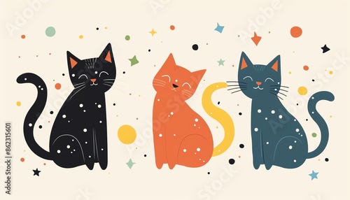 Cat festival flat design front view theme festive cartoon drawing Triadic Color Scheme © Cathynew