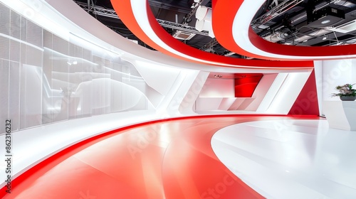 background studio television modern green screen, a photo of a bright television studio, colour palette of , red and white, curved, low angle, background for green screen, modern, 16:9, red and white
