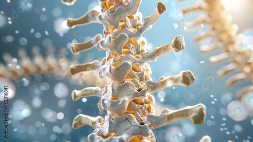 3D visualization of osteoporosis in human spine, showing deteriorating bone density and structure photo