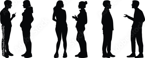 silhouettes of talking couple people isolated on transparent background, vector design