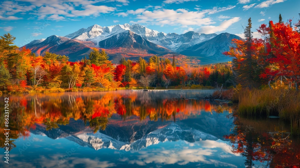 Obraz premium A lake with mountains and trees in the fall.