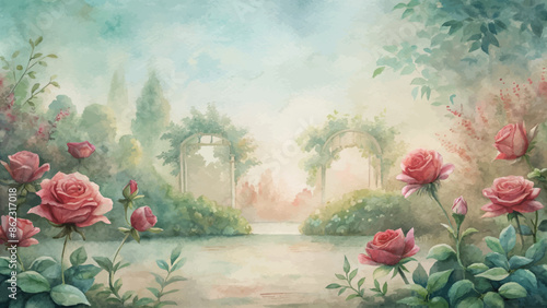 Tranquil rose garden watercolor background