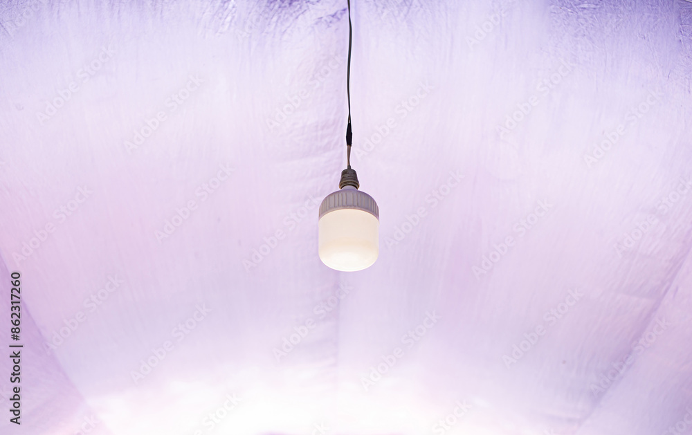 Pendulum LED bulbs hang from a light purple ceiling. Pendulum LED bulbs hang from a light purple ceiling.