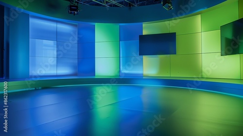 background studio television modern green screen, a photo of a bright television studio, colour palette of ,  curved, low angle, background for green screen, modern, green and blue, 16:9