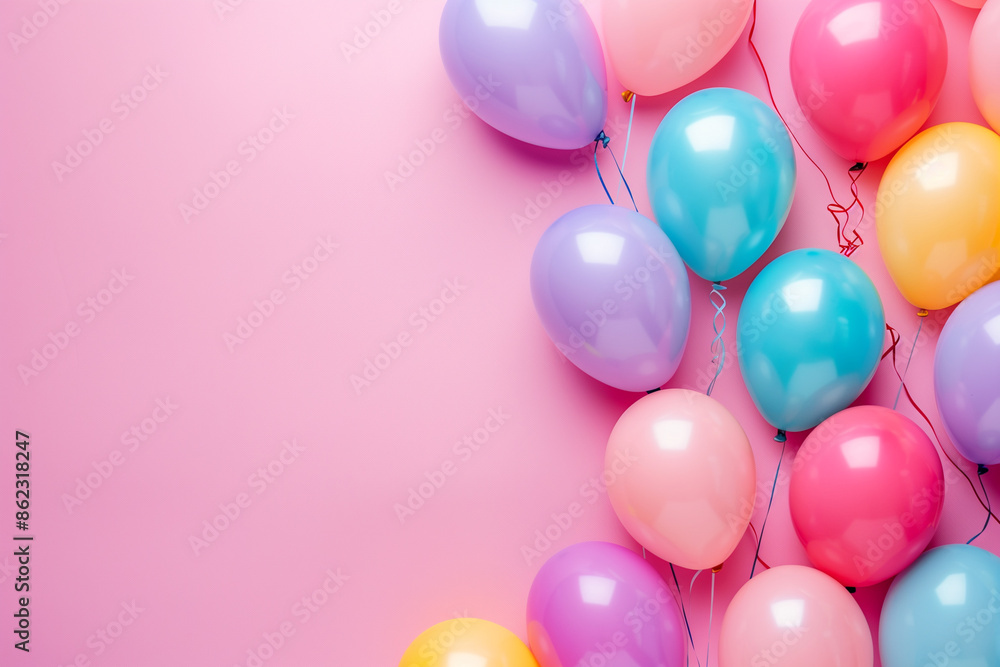 Multi-colored festive glossy balloons on a pink background. Purple, blue, pink and yellow balloons. Soft pastel colors. Birthday, holiday, celebration, sale, promotion. Copyspace for your text. Multi-colored festive glossy balloons on a pink background. Purple, blue, pink and yellow balloons. Soft pastel colors. Birthday, holiday, celebration, sale, promotion. Copyspace for your text.