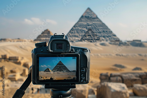 A digital DSLR camera on a tripod Photographing The red north pyramid of Dahshur of king Sneferu, named for the rusty reddish hue of its red limestone stones, also called the bat pyramid photo