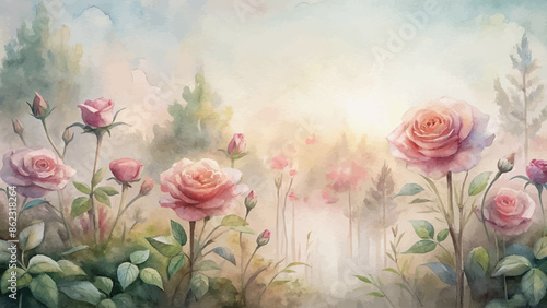 Tranquil rose garden watercolor background