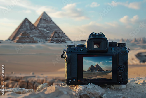 A digital DSLR camera on a tripod Photographing The red north pyramid of Dahshur of king Sneferu, named for the rusty reddish hue of its red limestone stones, also called the bat pyramid photo