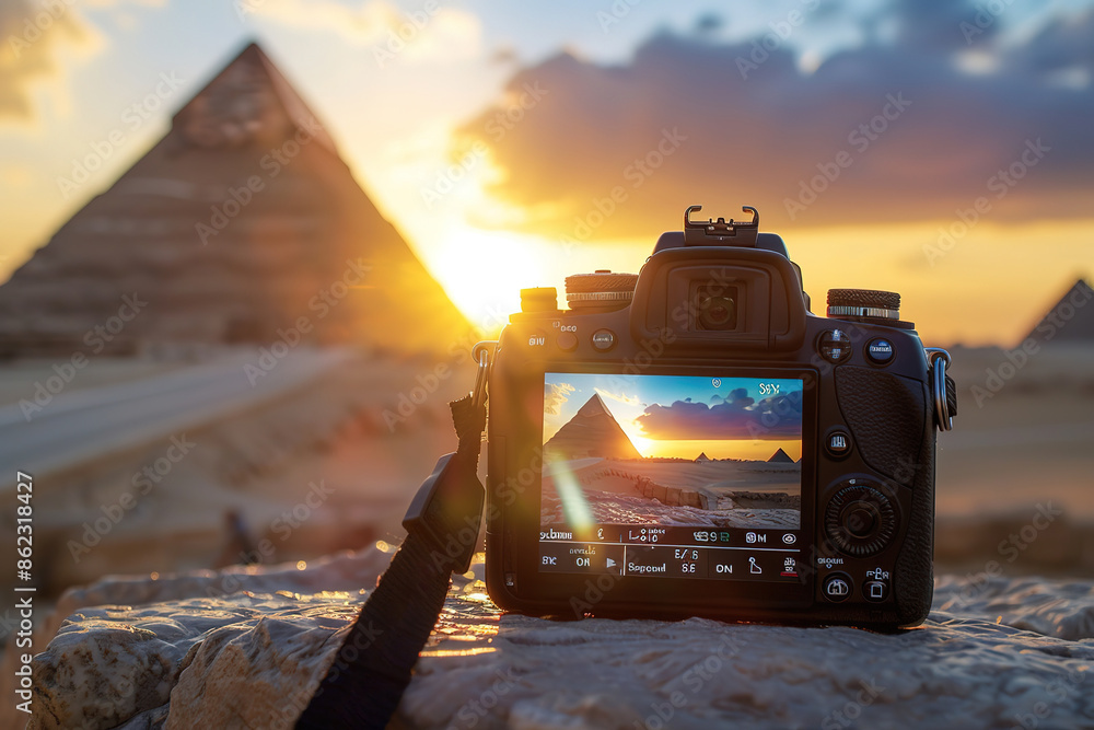A digital DSLR camera on a tripod Photographing The red north pyramid ...
