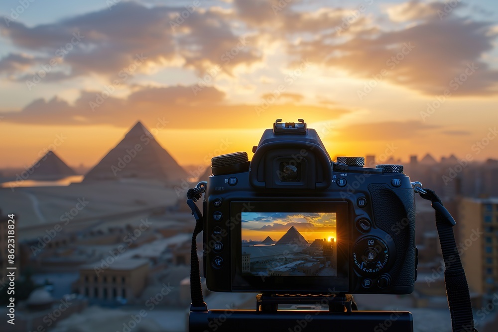 A digital DSLR camera on a tripod Photographing The red north pyramid ...