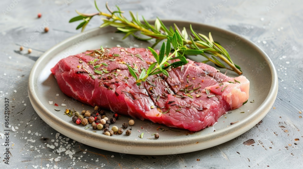 Raw tri-tip steak with fresh herbs and spices on a plate, isolated background Raw tri-tip steak with fresh herbs and spices on a plate, isolated background