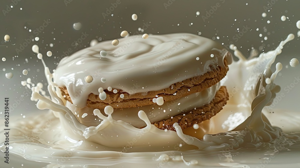 Fototapeta premium Sandwich cookie entering milk, surrounded by splash and droplets