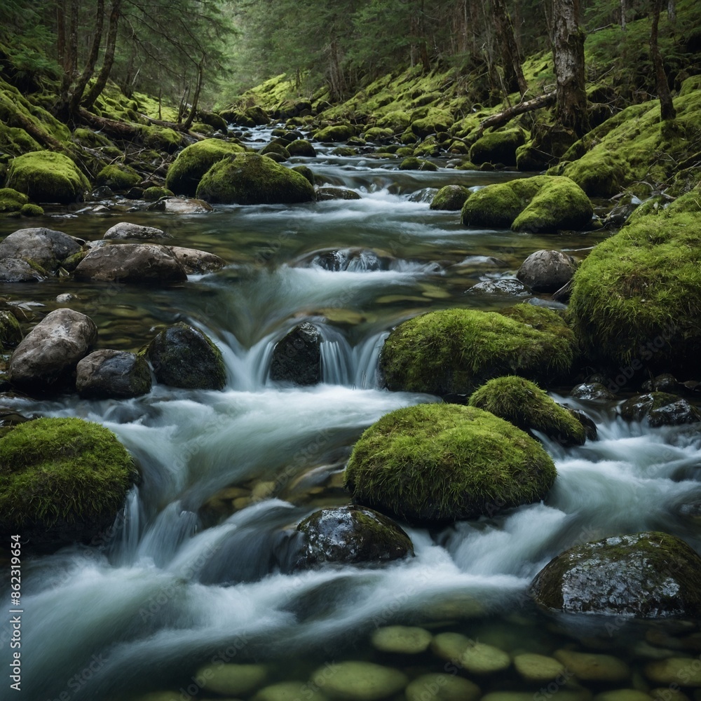 A mountain stream with clear water and mossy rocks.
A mountain stream with clear water and mossy rocks.