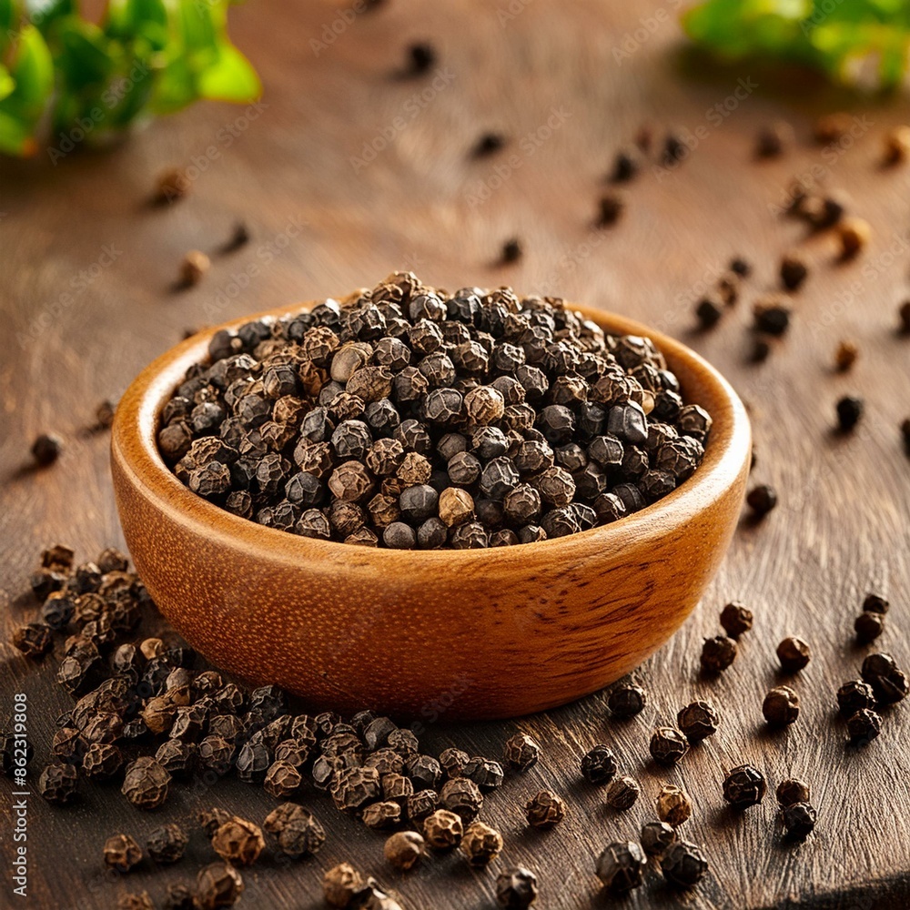 Black pepper or peppercorns in bowl Black pepper or peppercorns in bowl