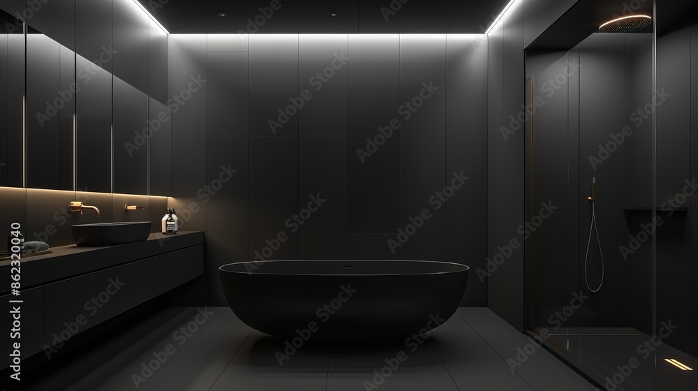 A sleek and modern black bathroom interior, rendered in 3D. A sleek and modern black bathroom interior, rendered in 3D.