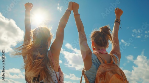 Happy Women with Arms Up Outdoors - Female Friends