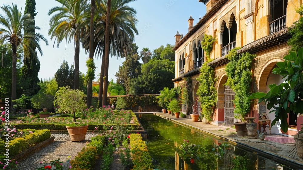 Fototapeta premium The Real Alcazar in Sevilla, Spain, is renowned for its stunning architecture and beautiful gardens.