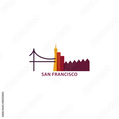 San Francisco skyline, downtown panorama logo, logotype. USA, California state city badge contour, isolated vector pictogram with bridge, monuments, landmarks, skyscrapers
