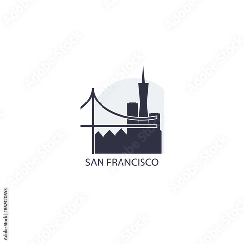 San Francisco skyline, downtown panorama logo, logotype. USA, California state city badge contour, isolated vector pictogram with bridge, monuments, landmarks, skyscrapers at sunrise, sunset