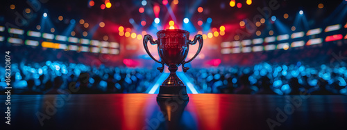 Golden trophy cup with flying confetti, The esports winner trophy standing on the stage in the middle of the arena of the computer video game. A golden trophy takes center stage on a desk against. 